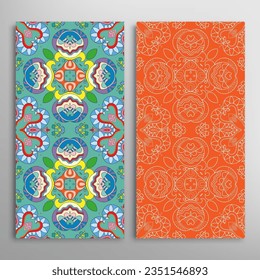 Vertical seamless patterns set, floral geometric lace texture for Wedding, Valentine's day, greeting card or Birthday Invitation. Decorative seamless doodle backgrounds. Ethnic ornament border pattern