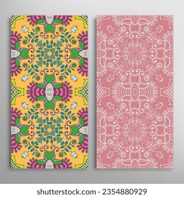 Vertical seamless patterns set, floral geometric lace texture for Wedding, Valentine's day, greeting card or Birthday Invitation. Decorative seamless doodle backgrounds. Ethnic ornament border pattern