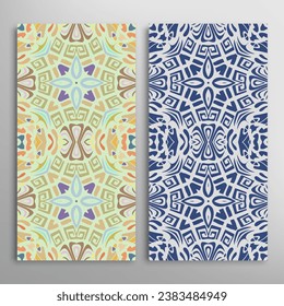 Vertical seamless patterns set, floral geometric lace texture for Wedding, Valentine's day, greeting card or Birthday Invitation. Decorative seamless doodle backgrounds. Ethnic ornament border pattern