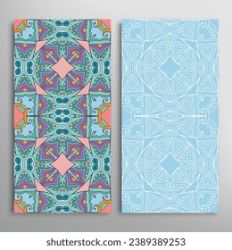 Vertical seamless patterns set, floral geometric lace texture for Wedding, Valentine's day, greeting card or Birthday Invitation. Decorative seamless doodle backgrounds. Ethnic ornament border pattern