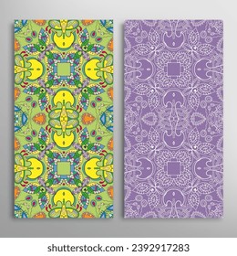 Vertical seamless patterns set, floral geometric lace texture for Wedding, Valentine's day, greeting card or Birthday Invitation. Decorative seamless doodle backgrounds. Ethnic ornament border pattern