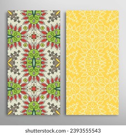 Vertical seamless patterns set, floral geometric lace texture for Wedding, Valentine's day, greeting card or Birthday Invitation. Decorative seamless doodle backgrounds. Ethnic ornament border pattern