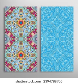 Vertical seamless patterns set, floral geometric lace texture for Wedding, Valentine's day, greeting card or Birthday Invitation. Decorative seamless doodle backgrounds. Ethnic ornament border pattern
