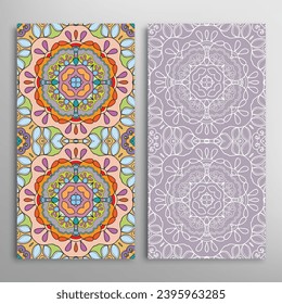 Vertical seamless patterns set, floral geometric lace texture for Wedding, Valentine's day, greeting card or Birthday Invitation. Decorative seamless doodle backgrounds. Ethnic ornament border pattern