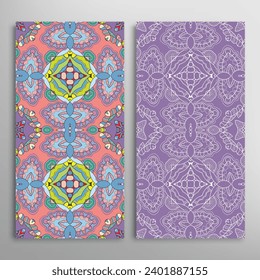 Vertical seamless patterns set, floral geometric lace texture for Wedding, Valentine's day, greeting card or Birthday Invitation. Decorative seamless doodle backgrounds. Ethnic ornament border pattern