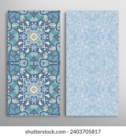 Vertical seamless patterns set, floral geometric lace texture for Wedding, Valentine's day, greeting card or Birthday Invitation. Decorative seamless doodle backgrounds. Ethnic ornament border pattern
