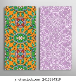 Vertical seamless patterns set, floral geometric lace texture for Wedding, Valentine's day, greeting card or Birthday Invitation. Decorative seamless doodle backgrounds. Ethnic ornament border pattern