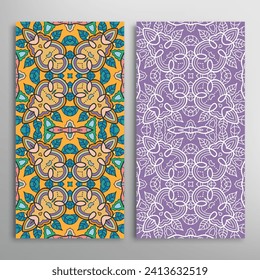 Vertical seamless patterns set, floral geometric lace texture for Wedding, Valentine's day, greeting card or Birthday Invitation. Decorative seamless doodle backgrounds. Ethnic ornament border pattern
