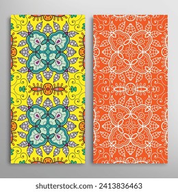 Vertical seamless patterns set, floral geometric lace texture for Wedding, Valentine's day, greeting card or Birthday Invitation. Decorative seamless doodle backgrounds. Ethnic ornament border pattern