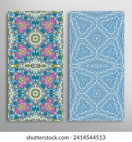 Vertical seamless patterns set, floral geometric lace texture for Wedding, Valentine's day, greeting card or Birthday Invitation. Decorative seamless doodle backgrounds. Ethnic ornament border pattern