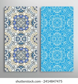 Vertical seamless patterns set, floral geometric lace texture for Wedding, Valentine's day, greeting card or Birthday Invitation. Decorative seamless doodle backgrounds. Ethnic ornament border pattern