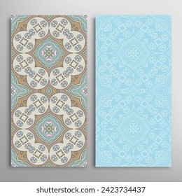 Vertical seamless patterns set, floral geometric lace texture for Wedding, Valentine's day, greeting card or Birthday Invitation. Decorative seamless doodle backgrounds. Ethnic ornament border pattern