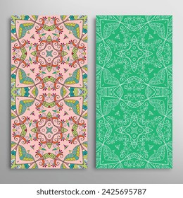 Vertical seamless patterns set, floral geometric lace texture for Wedding, Valentine's day, greeting card or Birthday Invitation. Decorative seamless doodle backgrounds. Ethnic ornament border pattern