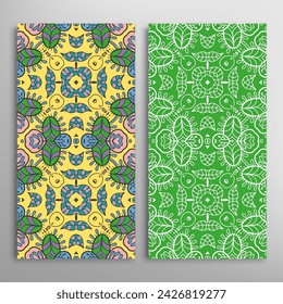 Vertical seamless patterns set, floral geometric lace texture for Wedding, Valentine's day, greeting card or Birthday Invitation. Decorative seamless doodle backgrounds. Ethnic ornament border pattern