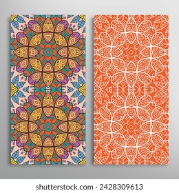 Vertical seamless patterns set, floral geometric lace texture for Wedding, Valentine's day, greeting card or Birthday Invitation. Decorative seamless doodle backgrounds. Ethnic ornament border pattern