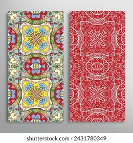 Vertical seamless patterns set, floral geometric lace texture for Wedding, Valentine's day, greeting card or Birthday Invitation. Decorative seamless doodle backgrounds. Ethnic ornament border pattern