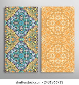 Vertical seamless patterns set, floral geometric lace texture for Wedding, Valentine's day, greeting card or Birthday Invitation. Decorative seamless doodle backgrounds. Ethnic ornament border pattern