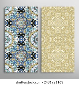 Vertical seamless patterns set, floral geometric lace texture for Wedding, Valentine's day, greeting card or Birthday Invitation. Decorative seamless doodle backgrounds. Ethnic ornament border pattern