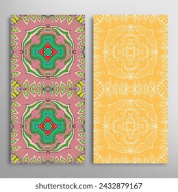 Vertical seamless patterns set, floral geometric lace texture for Wedding, Valentine's day, greeting card or Birthday Invitation. Decorative seamless doodle backgrounds. Ethnic ornament border pattern