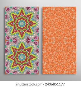 Vertical seamless patterns set, floral geometric lace texture for Wedding, Valentine's day, greeting card or Birthday Invitation. Decorative seamless doodle backgrounds. Ethnic ornament border pattern