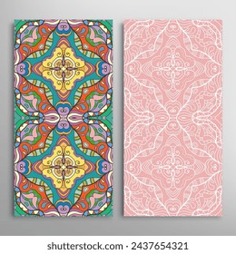 Vertical seamless patterns set, floral geometric lace texture for Wedding, Valentine's day, greeting card or Birthday Invitation. Decorative seamless doodle backgrounds. Ethnic ornament border pattern