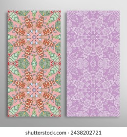 Vertical seamless patterns set, floral geometric lace texture for Wedding, Valentine's day, greeting card or Birthday Invitation. Decorative seamless doodle backgrounds. Ethnic ornament border pattern
