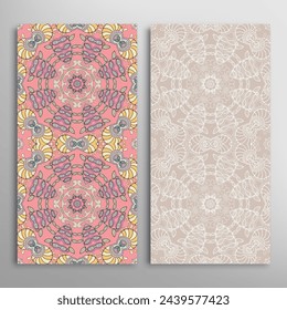 Vertical seamless patterns set, floral geometric lace texture for Wedding, Valentine's day, greeting card or Birthday Invitation. Decorative seamless doodle backgrounds. Ethnic ornament border pattern