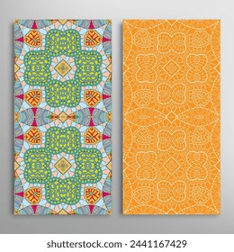 Vertical seamless patterns set, floral geometric lace texture for Wedding, Valentine's day, greeting card or Birthday Invitation. Decorative seamless doodle backgrounds. Ethnic ornament border pattern