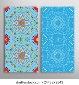 Vertical seamless patterns set, floral geometric lace texture for Wedding, Valentine's day, greeting card or Birthday Invitation. Decorative seamless doodle backgrounds. Ethnic ornament border pattern