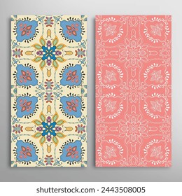 Vertical seamless patterns set, floral geometric lace texture for Wedding, Valentine's day, greeting card or Birthday Invitation. Decorative seamless doodle backgrounds. Ethnic ornament border pattern