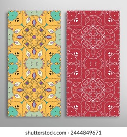Vertical seamless patterns set, floral geometric lace texture for Wedding, Valentine's day, greeting card or Birthday Invitation. Decorative seamless doodle backgrounds. Ethnic ornament border pattern