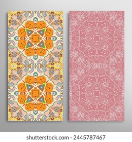 Vertical seamless patterns set, floral geometric lace texture for Wedding, Valentine's day, greeting card or Birthday Invitation. Decorative seamless doodle backgrounds. Ethnic ornament border pattern