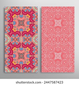 Vertical seamless patterns set, floral geometric lace texture for Wedding, Valentine's day, greeting card or Birthday Invitation. Decorative seamless doodle backgrounds. Ethnic ornament border pattern