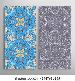 Vertical seamless patterns set, floral geometric lace texture for Wedding, Valentine's day, greeting card or Birthday Invitation. Decorative seamless doodle backgrounds. Ethnic ornament border pattern