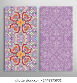 Vertical seamless patterns set, floral geometric lace texture for Wedding, Valentine's day, greeting card or Birthday Invitation. Decorative seamless doodle backgrounds. Ethnic ornament border pattern