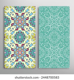 Vertical seamless patterns set, floral geometric lace texture for Wedding, Valentine's day, greeting card or Birthday Invitation. Decorative seamless doodle backgrounds. Ethnic ornament border pattern