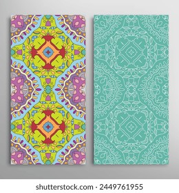 Vertical seamless patterns set, floral geometric lace texture for Wedding, Valentine's day, greeting card or Birthday Invitation. Decorative seamless doodle backgrounds. Ethnic ornament border pattern