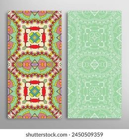 Vertical seamless patterns set, floral geometric lace texture for Wedding, Valentine's day, greeting card or Birthday Invitation. Decorative seamless doodle backgrounds. Ethnic ornament border pattern