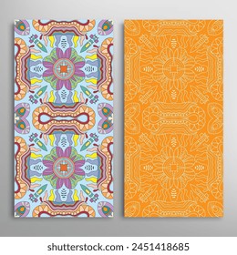 Vertical seamless patterns set, floral geometric lace texture for Wedding, Valentine's day, greeting card or Birthday Invitation. Decorative seamless doodle backgrounds. Ethnic ornament border pattern