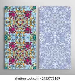Vertical seamless patterns set, floral geometric lace texture for Wedding, Valentine's day, greeting card or Birthday Invitation. Decorative seamless doodle backgrounds. Ethnic ornament border pattern