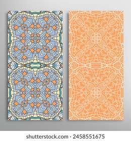 Vertical seamless patterns set, floral geometric lace texture for Wedding, Valentine's day, greeting card or Birthday Invitation. Decorative seamless doodle backgrounds. Ethnic ornament border pattern