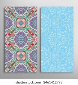 Vertical seamless patterns set, floral geometric lace texture for Wedding, Valentine's day, greeting card or Birthday Invitation. Decorative seamless doodle backgrounds. Ethnic ornament border pattern