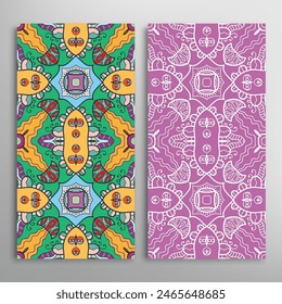 Conjunto de patrones sin costuras de Vertical, textura de encaje geométrica floral para la Boda, día de San Valentín, tarjeta de felicitación o invitación de cumpleaños. Fondos de garabatos sin costuras decorativos. Patrón de borde de adorno étnico