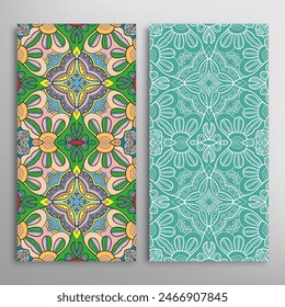 Vertical seamless patterns set, floral geometric lace texture for Wedding, Valentine's day, greeting card or Birthday Invitation. Decorative seamless doodle backgrounds. Ethnic ornament border pattern