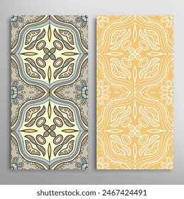 Vertical seamless patterns set, floral geometric lace texture for Wedding, Valentine's day, greeting card or Birthday Invitation. Decorative seamless doodle backgrounds. Ethnic ornament border pattern