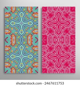 Vertical seamless patterns set, floral geometric lace texture for Wedding, Valentine's day, greeting card or Birthday Invitation. Decorative seamless doodle backgrounds. Ethnic ornament border pattern