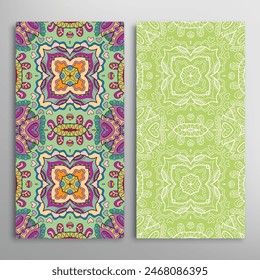 Vertical seamless patterns set, floral geometric lace texture for Wedding, Valentine's day, greeting card or Birthday Invitation. Decorative seamless doodle backgrounds. Ethnic ornament border pattern