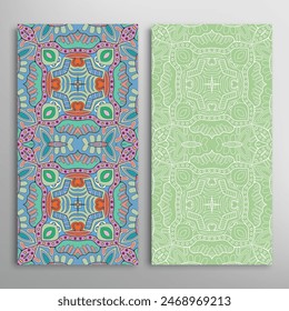 Vertical seamless patterns set, floral geometric lace texture for Wedding, Valentine's day, greeting card or Birthday Invitation. Decorative seamless doodle backgrounds. Ethnic ornament border pattern