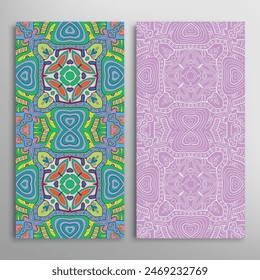Vertical seamless patterns set, floral geometric lace texture for Wedding, Valentine's day, greeting card or Birthday Invitation. Decorative seamless doodle backgrounds. Ethnic ornament border pattern
