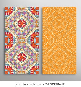 Vertical seamless patterns set, floral geometric lace texture for Wedding, Valentine's day, greeting card or Birthday Invitation. Decorative seamless doodle backgrounds. Ethnic ornament border pattern
